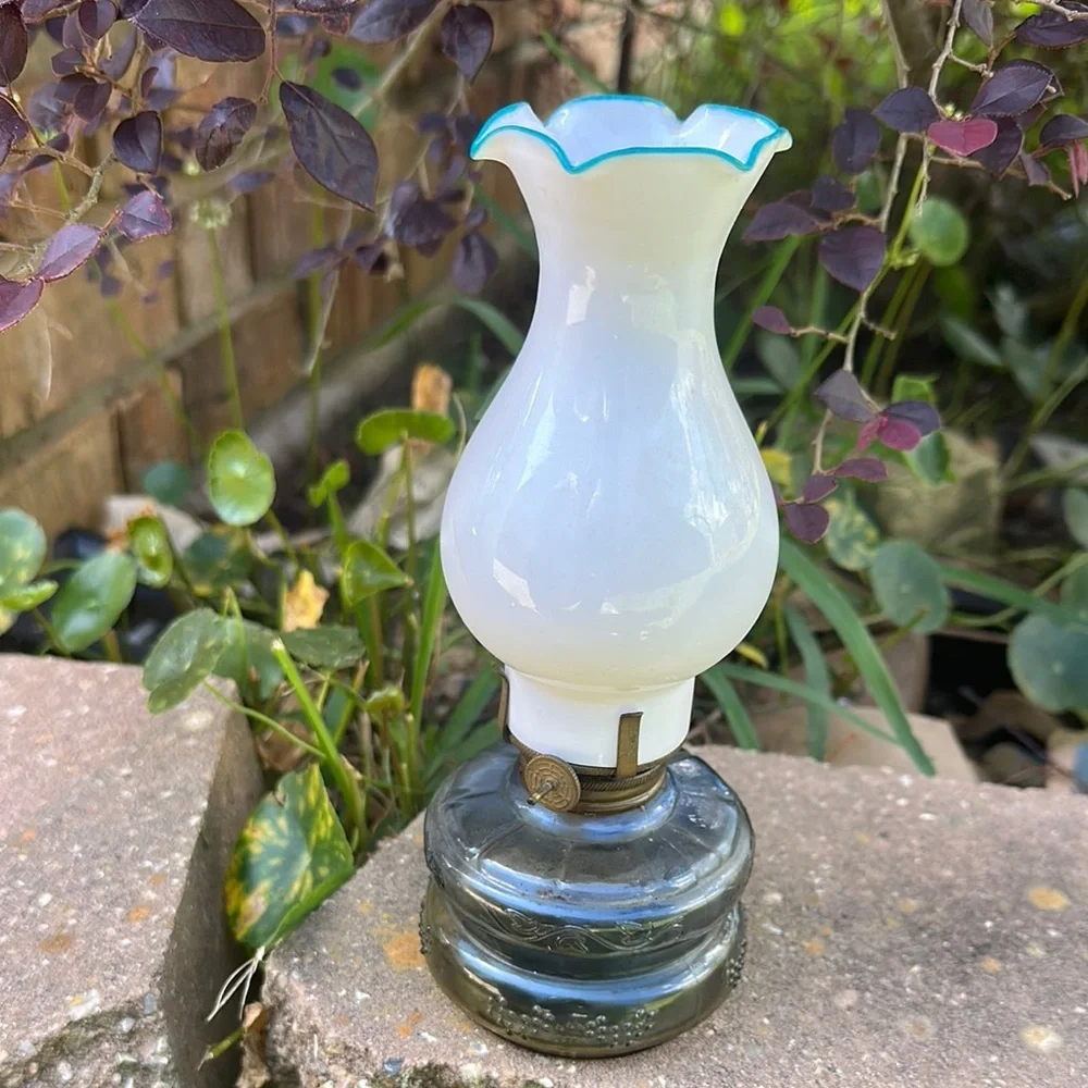 Vintage Three Star brand Glass Oil Lamp with White and Blue Accents